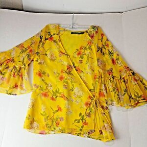Lauren Ralph Lauren Sheer Sleeves Geargette Blouse, Yellow Wrap Floral SZ Med.
